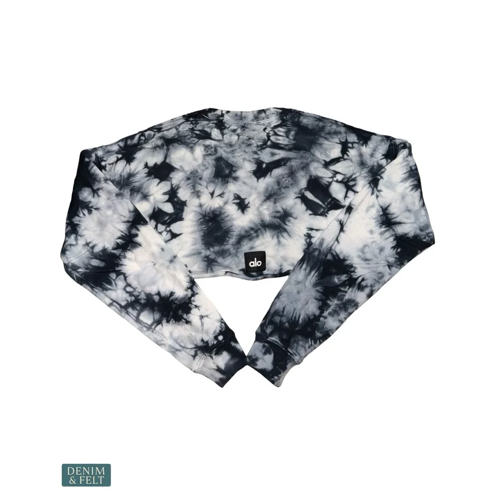 Alo‎ Yoga Tie Dye Extreme Crop Crewneck Sweatshirt Black White Cropped Pullover